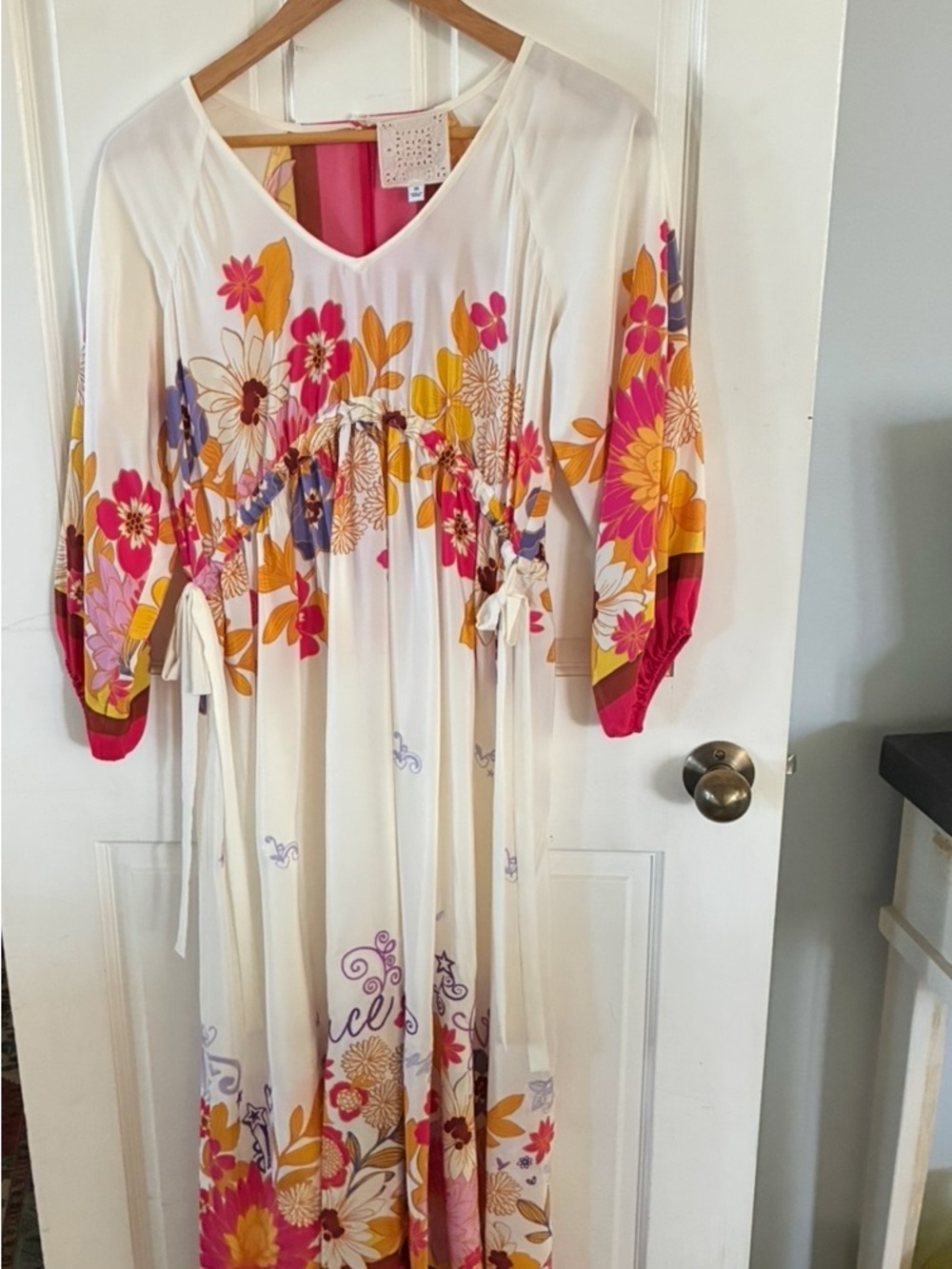 Johnny Was Cream Maxi Dress with Pink, Yellow & Purple Floral Print
